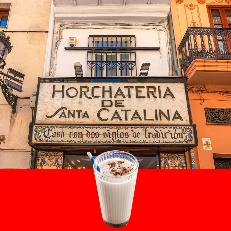 Facade de l'Horchateria de Santa Catalina à Valencia avec label Chufa de Valencia Denominacion de Origen