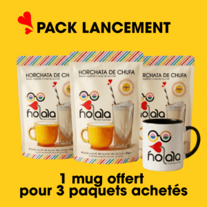 Pack Lancement Holala : trois sachets d'horchata de chufa avec un mug offert